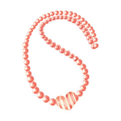 Obraz premium Girlish rococo pink necklace with watercolor pearls and romantic striped heart illustration. Valentine's day festive element for poster,cad, wedding invitation design.Luxury chic women accessories