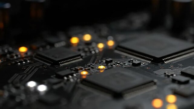 Close up of a dark circuit board with glowing lights technology background