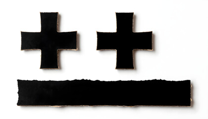 Obraz premium Two black plus signs above a torn black paper strip on a white background