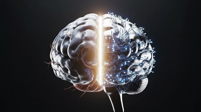 Conceptual seamless loop animation of human brain split into biological organic tissue and digital cybernetic circuit board, representing artificial intelligence and technological 