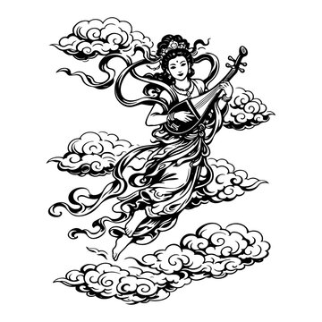 Celestial maiden or goddess playing a traditional pipa lute amidst stylized clouds