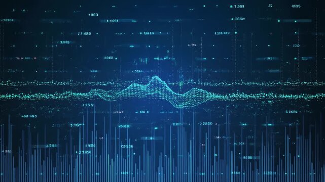 Abstract blue glowing digital data visualization displaying complex financial graph charts and numerical metrics technology background