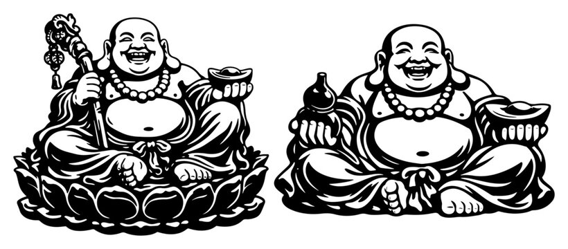 Two traditional laughing Buddha statues holding symbols of wealth and prosperity in woodcut style