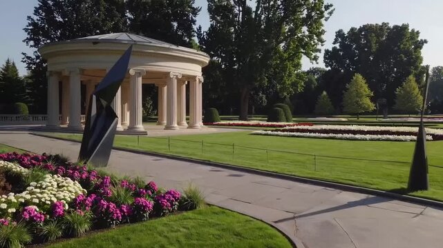 A serene park scene shows a classical rotunda beside manicured lawns, colorful flower beds, and abstract metal sculptures, with long morning shadows and neat paths under clear skies.