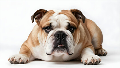 Fototapeta premium Close-up portrait of a cute English Bulldog lying down on a white background