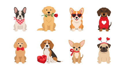 Obraz premium Dog breed set including french bulldog, golden retriever, corgi, dachshund, poodle, beagle, chihuahua, and pug isolated. Valentines day and pet love collection.