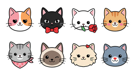 Fototapeta premium Cute cat head set including calico, black, white, tabby, siamese, and fluffy breeds isolated. Kawaii feline avatar and animal character collection.