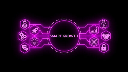 Obraz premium SMART GROWTH concept with glowing technology icons on a dark background. Futuristic digital network showing business growth, startup ideas, strategy, security, target achievement, 