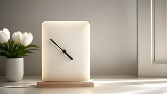 Modern table clock with minimalist design and white flowers in vase  