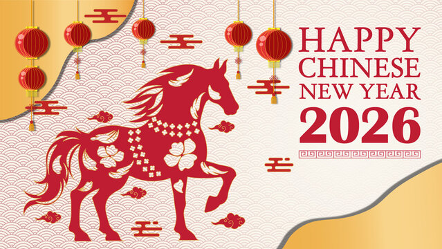 Festive happy chinese new year horse with lanterns