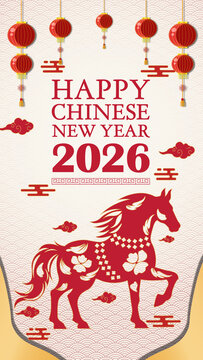 Festive chinese new year horse celebration post story template with lanterns