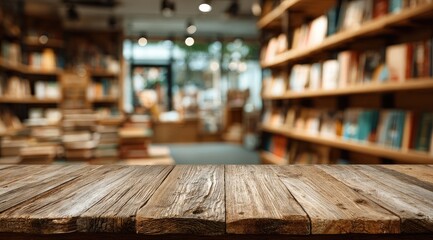 A wooden surface in focus leads to a blurred view of a cozy bookstore with shelves overflowing with books. The space glows