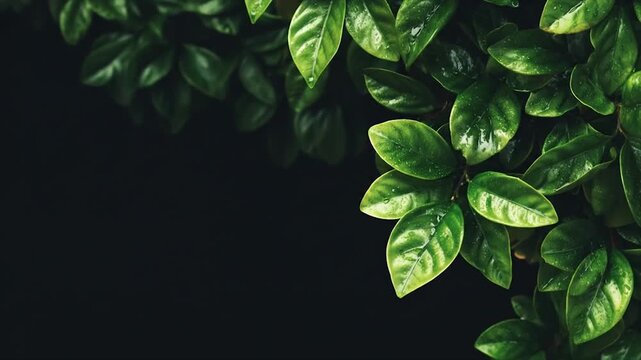 Close up of glossy green leaves with black backdrop and copy space