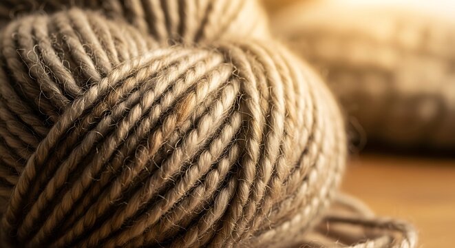 Close-up of beige yarn ball on wooden surface with blurred background.