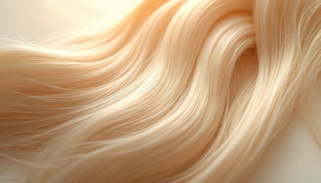 Close up macro shot of wavy blonde hair texture. Soft light illuminates strands creating smooth flowing lines. Healthy natural shine highlights hair care and beauty.
