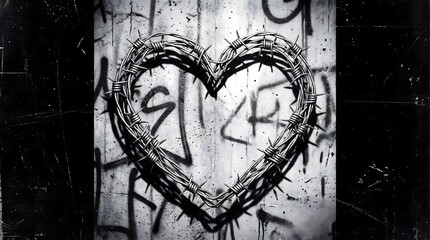 Naklejka premium Barbed Wire Heart Valentines Day Vector Illustration Grunge Concrete Background Black and White Edgy Streetwear Graphic Industrial Metal Texture Toxic Love Punk Tattoo