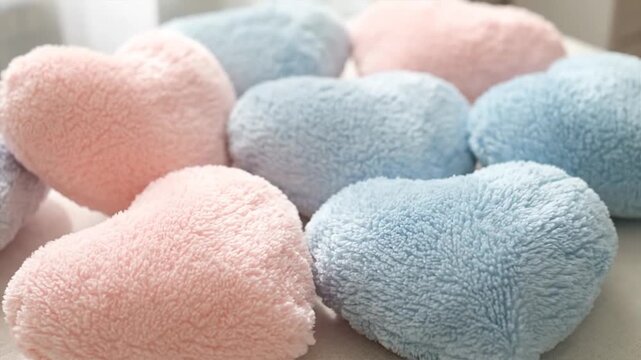 Close up of fluffy heart shaped objects in pastel pink and blue colors