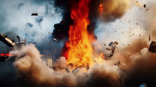 Fiery tornado vortex hurls cars and debris through smoke cloud in cinematic disaster explosion
