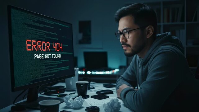 Young asian it specialist working late at night, staring at a computer screen displaying a critical 'error 404 page not found' message, indicating a frustrating system failure or bug