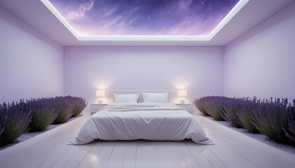 Minimal luxury bedroom surrounded by lavender plants and soft ambient light