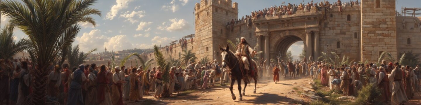 Jesus riding a donkey into Jerusalem on Palm Sunday. Triumphal entry with crowd waving palm branches