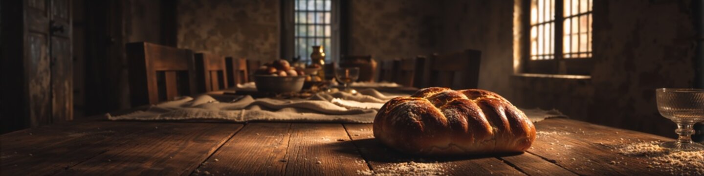 Braided bread loaf on rustic wooden table with wine goblet. Last Supper or Communion concept background