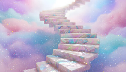 Fantasy stairway rising into colorful pastel clouds and dreamy sky