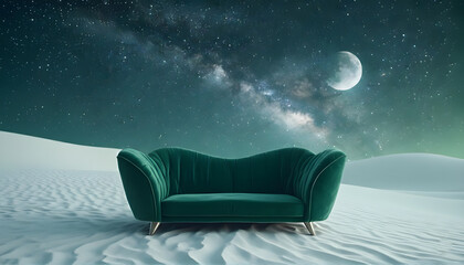 Surreal green sofa resting on white desert under moonlit night sky