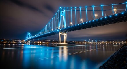 Fototapeta premium Illuminated suspension bridge over calm water at night with city lights reflection.