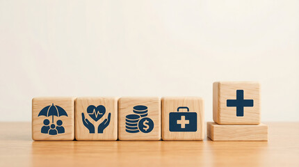 Wooden blocks with icons for insurance health care money savings and medical services on a wooden table conceptual studio image