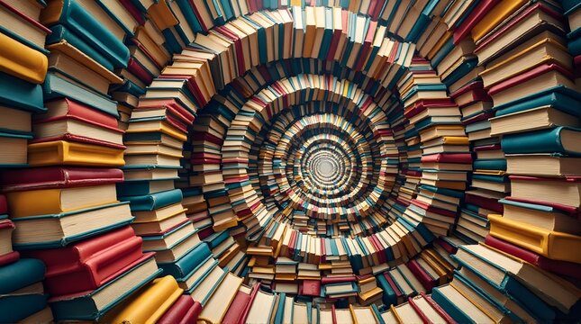 Surreal spiral library of infinite colorful books
