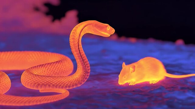 Heat Vision View of Cobra Snake About to Strike a Mouse on a Blue Surface with Thermal Perspective