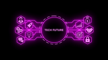 Obraz premium TECH FUTURE concept with glowing technology icons on a dark background. Futuristic digital network showing business growth, startup ideas, strategy, security, target achievement, 