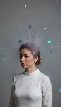 Digital information overload concept showing a woman with an exploding head of pixels and data, symbolizing mental stress, anxiety from technology, burnout, and technical glitches