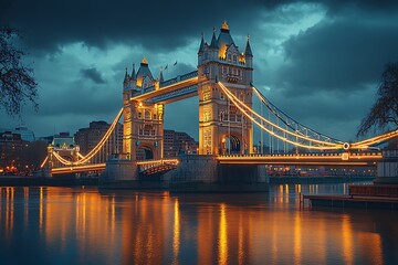 Obraz premium Tower Bridge London illuminated at dusk with cloudy sky and river reflections city