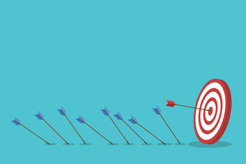 Business challenge failure and success concept. Blue arrows missed hitting target and only red one hits the center	