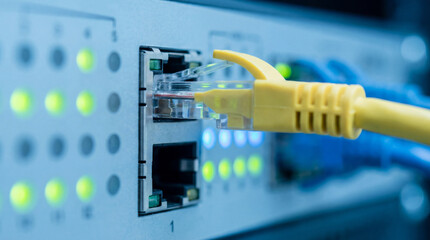 Close-Up of Yellow Ethernet Cable Connected to Network Switch Port with Glowing Green LED Lights, Data Center Concept