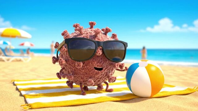 A cartoon virus character enjoys a beach day with sunglasses on a striped towel beside a beach ball