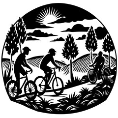 Silhouette of friends cycling at sunset, vibrant silhouette vector isolated on White Background