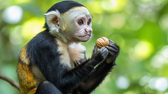 A white faced capuchin monkey curiously holds a nut with its hands in a green forest setting