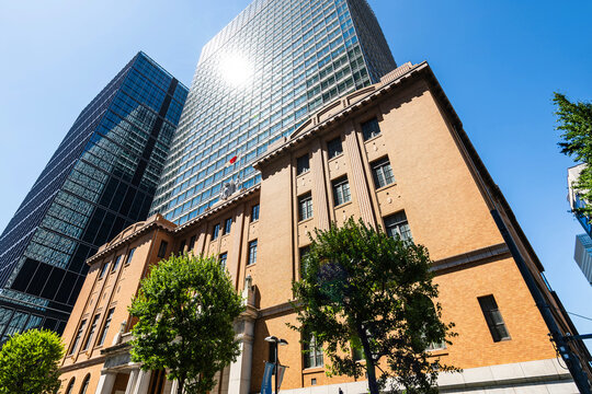 Tokyo, Japan- July 25, 2025: Low-angle view of the Mitsubishi UFJ Trust and Banking Museum, situated in the Marunouchi business and financial district, Chiyoda, Tokyo, Japan.