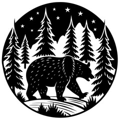 Silhouette of bear walking through woods, wilderness vector isolated on White Background