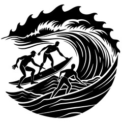 Silhouettes of surfers riding waves, ocean vector isolated on White Background