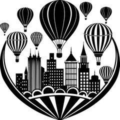 Silhouette of skyline with hot air balloons, dreamy vector isolated on White Background