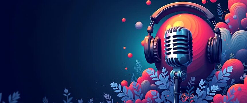 Retro microphone with headphones surrounded by abstract foliage and glowing spheres, gently swaying as camera slowly pans in a vibrant, surreal animation, perfect for music-themed content.
