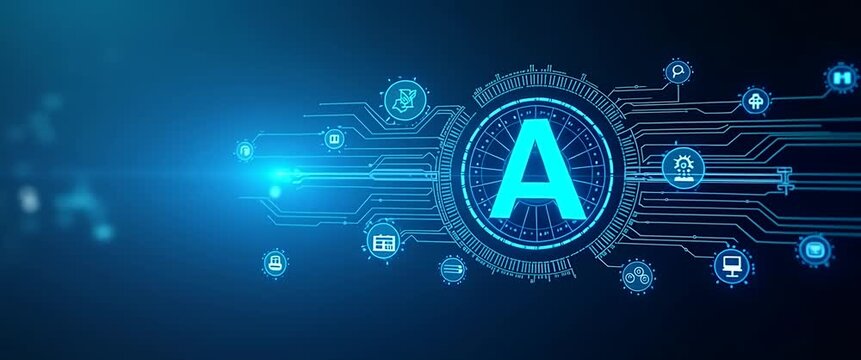Futuristic digital interface with glowing blue circuits and icons animating dynamically, as the camera slowly pans across a high-tech virtual landscape, in a cinematic, technology-driven style.