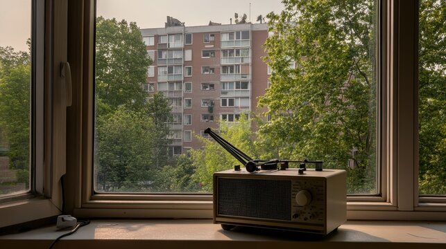 Antique hand crank radio emitting static on a windowsill with a building and trees in the background