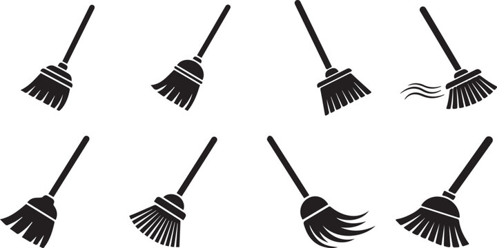 Diverse collection of black silhouette broom icons illustrating cleaning and household tasks