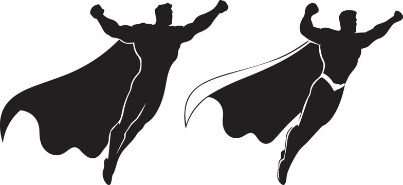 Dynamic superhero silhouettes flying with capes, embodying strength and freedom in iconic poses