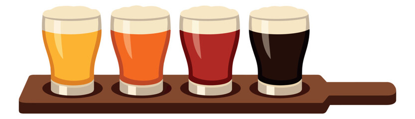Clip art beer flight set featuring four different craft beers on a wooden paddle for bars and breweries